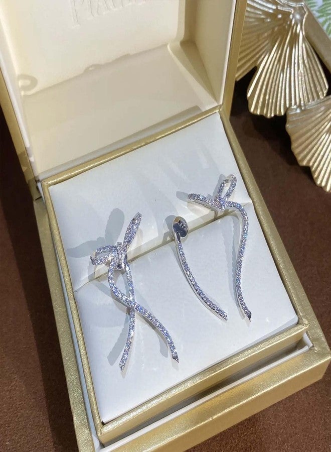 Eviarli Boho Bow Ear Jacket Earrings Crystal Bow Drop Earrings Silver Bow Stud Earrings Two Ways Front Back Earrings Jewelry for Women Gift - Image 4